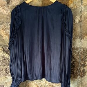 LOFT Navy Ruffle-Trim Long Sleeve Blouse